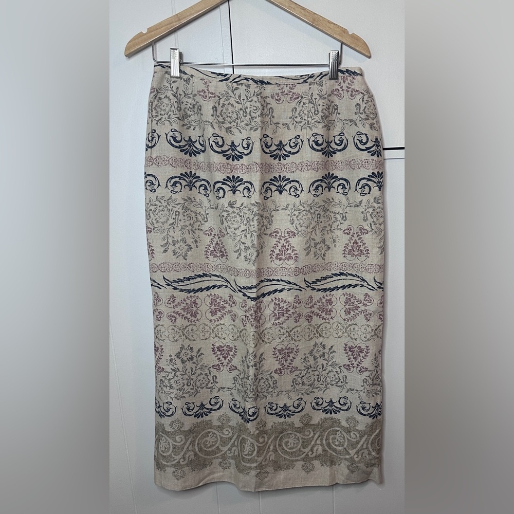 Norton McNaughton Vintage Linen Cream and Navy Midi Pencil Skirt
